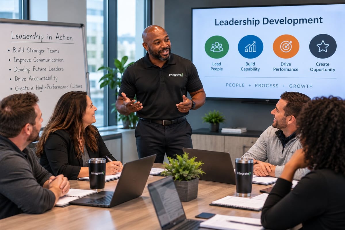 An IntegrateU facilitator leading a leadership development session with a team around a conference table