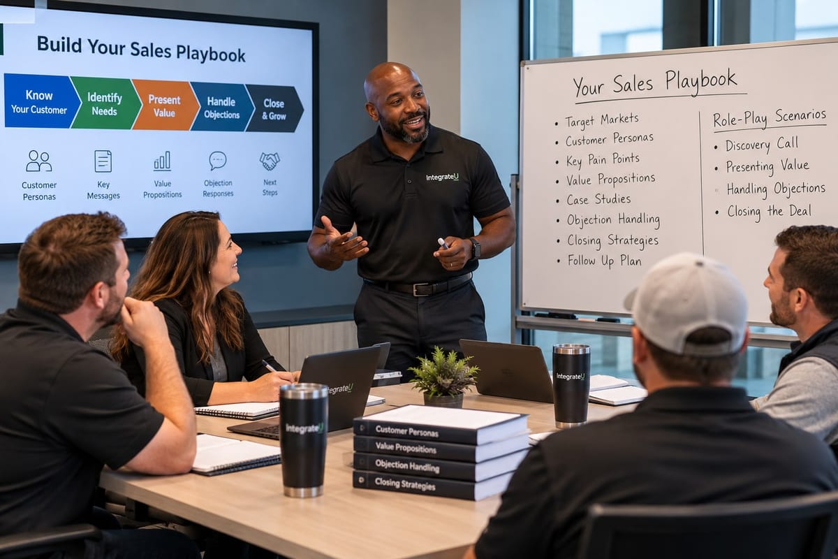 Sales professionals practicing role-play and building sales playbooks together